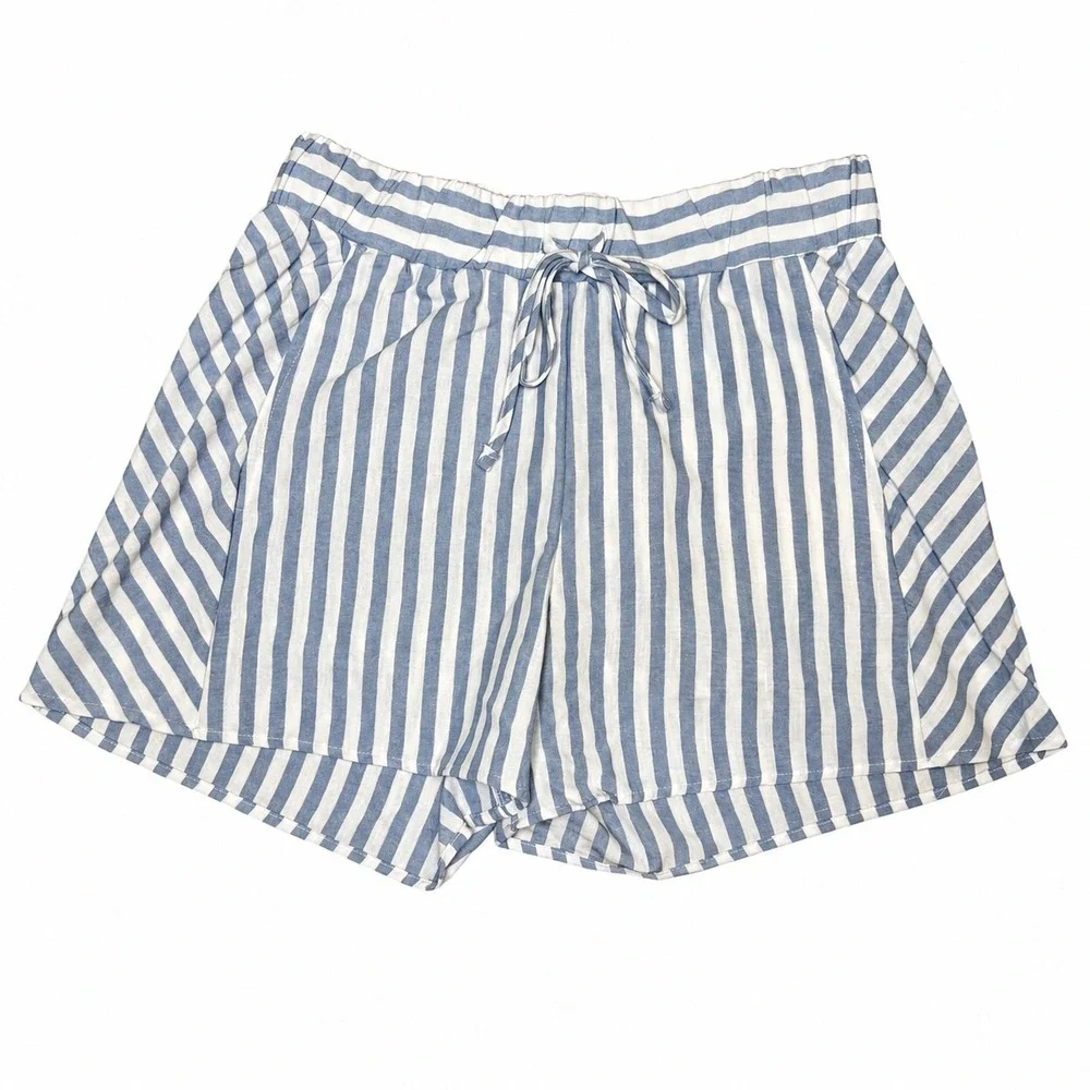 Kathy Ireland | Blue White Striped Shorts | Linen Blend | Elastic Waist